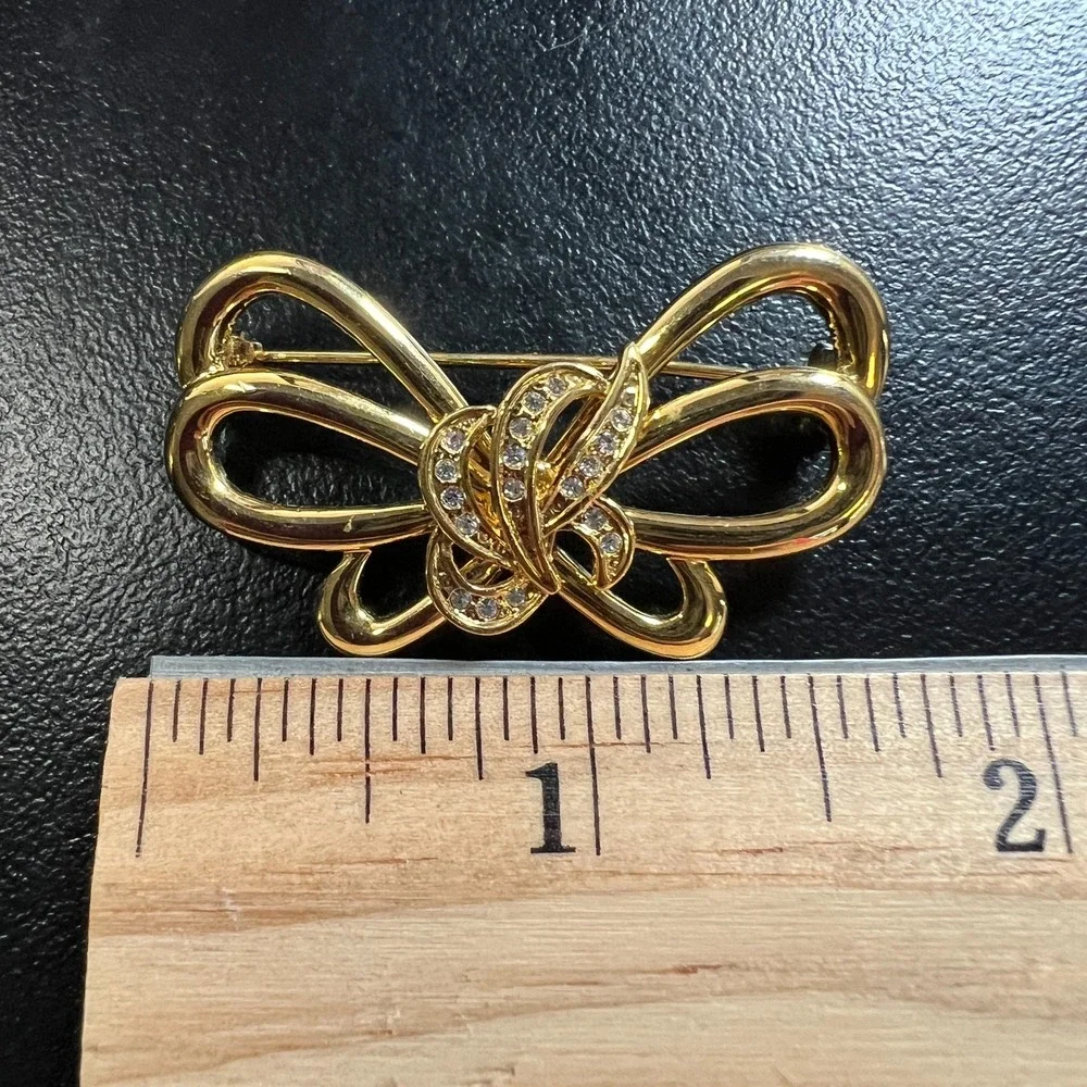 Gold‎ Tone Bow Brooch Rhinestone Accents Elegant Vintage Inspired Ribbon Pin